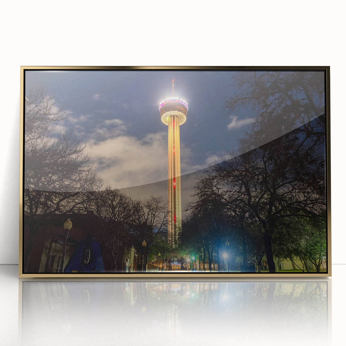 Large art print of San Antonio skyline in gold and blue hues on a framed acrylic, ideal for modern art wall decor.