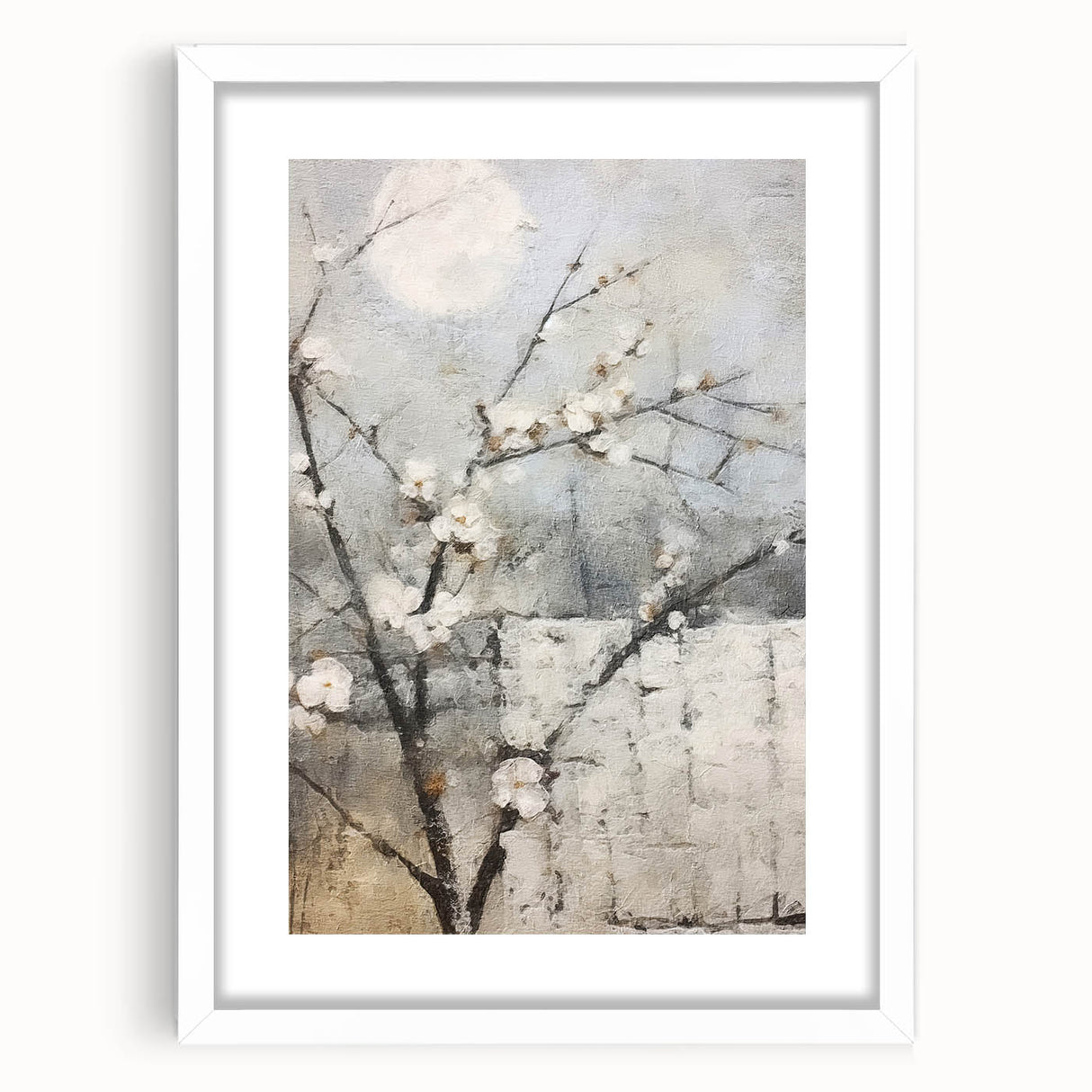 Abstract floral wall art design in a white frame with mat, showcasing vibrant colors and intricate patterns, perfect for enhancing home decor.