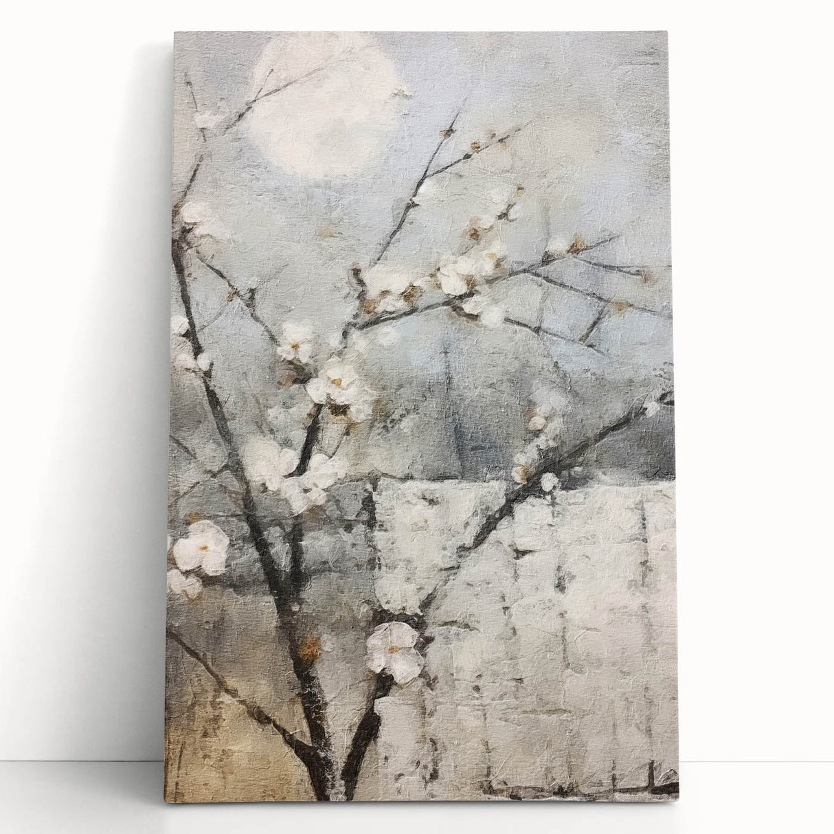 Abstract floral wall art on stretched canvas, featuring vibrant colors and intricate designs, leaning against a neutral wall. Perfect for modern home decor.