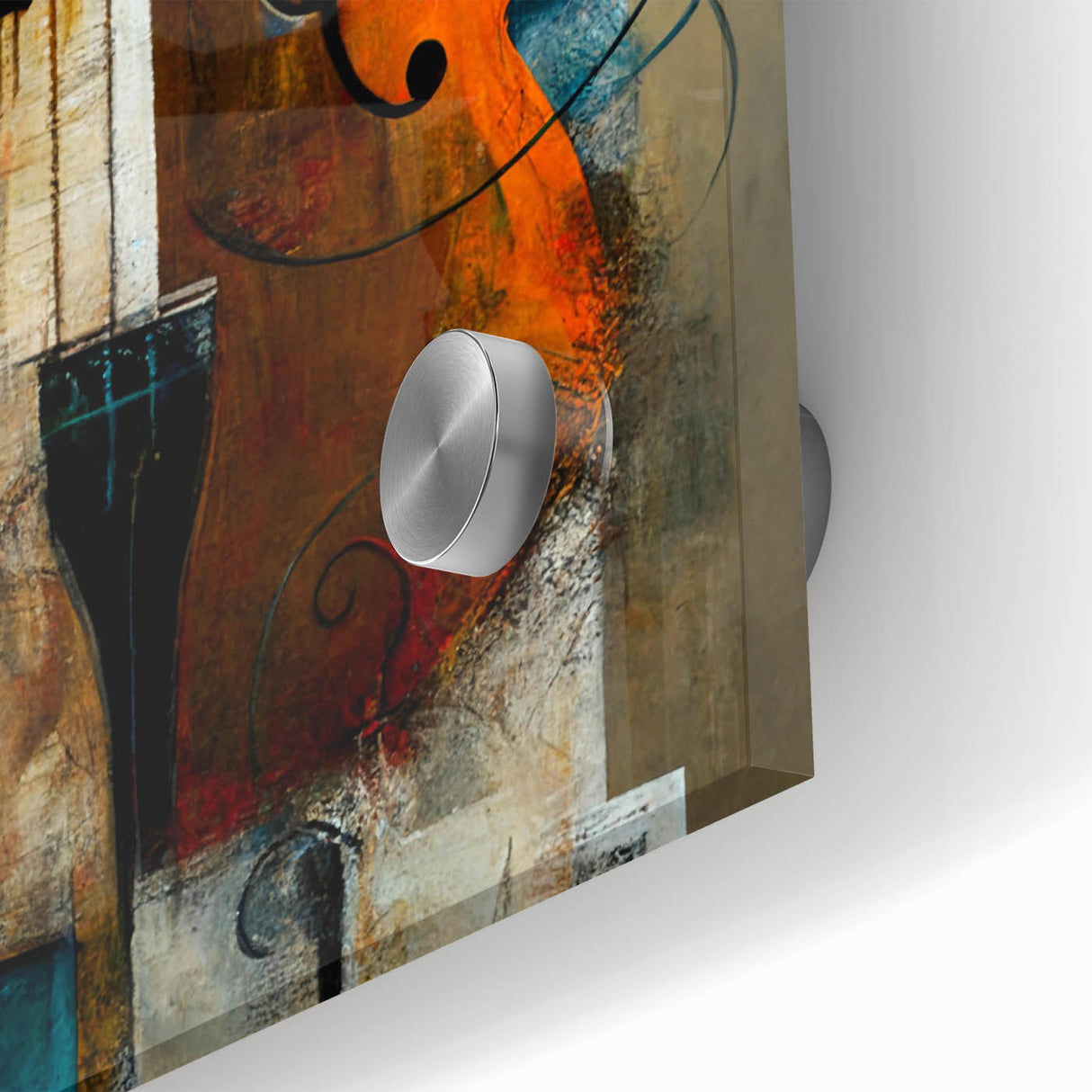 Close-up view of abstract figurative wall art printed on acrylic glass, showcasing vibrant colors and intricate details, perfect for modern home decor. This artwork adds a contemporary touch to any space.