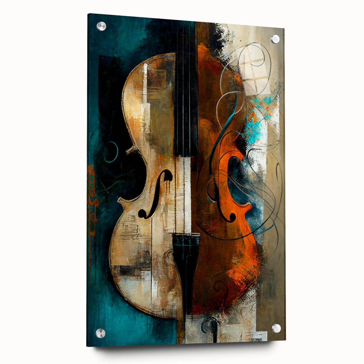 Abstract figurative wall art displayed in a sleek acrylic glass frame, showcasing vibrant colors and dynamic shapes. Ideal for modern home decor, highlighting creative expression.