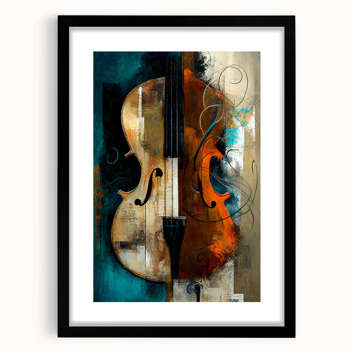 Abstract figurative wall art framed in black with a white mat, showcasing vibrant colors and dynamic shapes, perfect for modern home decor. Ideal for enhancing artistic ambiance.