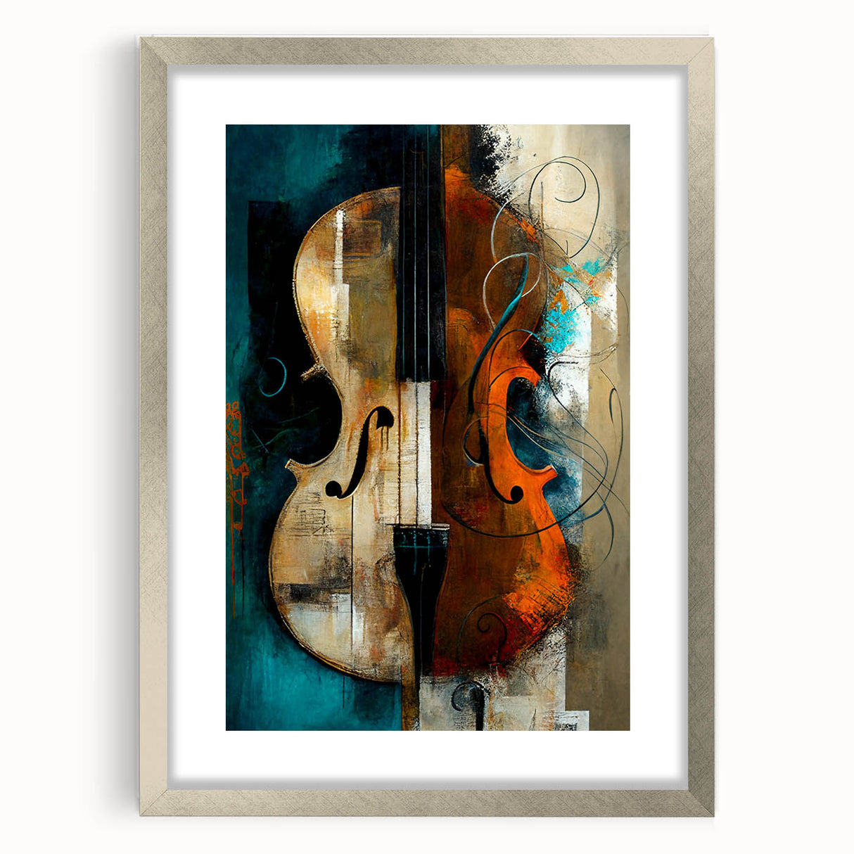 Abstract figurative wall art framed in a sleek silver mat, showcasing vibrant colors and dynamic shapes, perfect for modern home decor.