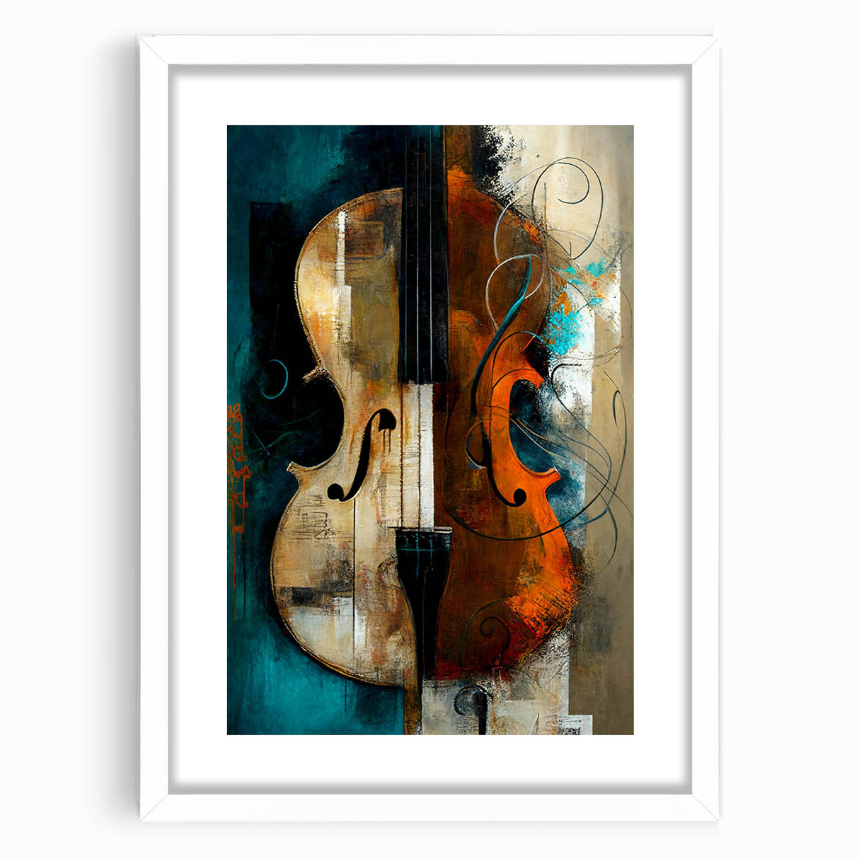 Abstract figurative wall art framed in white with a mat, showcasing vibrant colors and modern design elements, perfect for contemporary home decor.