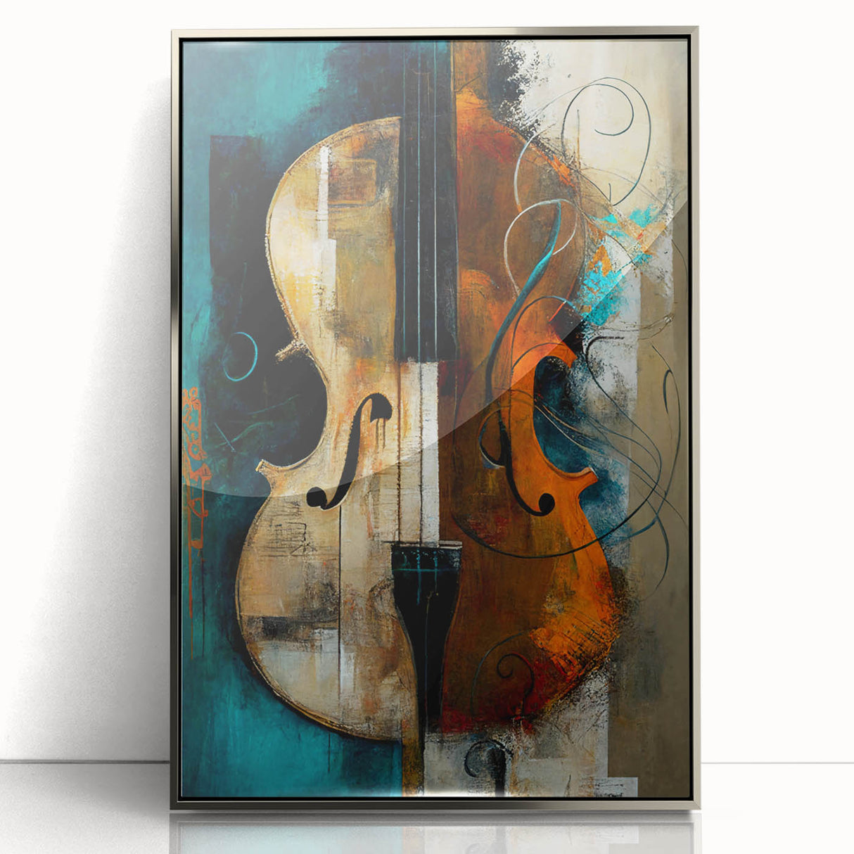 Framed abstract figurative wall art featuring vibrant colors and dynamic shapes, set in a modern silver frame, perfect for contemporary home decor.