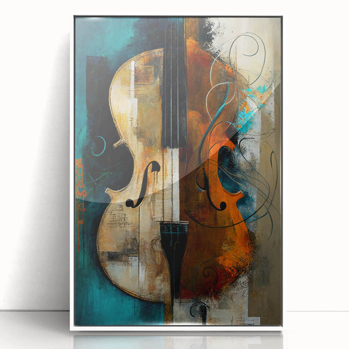 Framed abstract figurative wall art in white acrylic, showcasing vibrant colors and dynamic shapes, perfect for modern home decor. Ideal for enhancing artistic spaces.