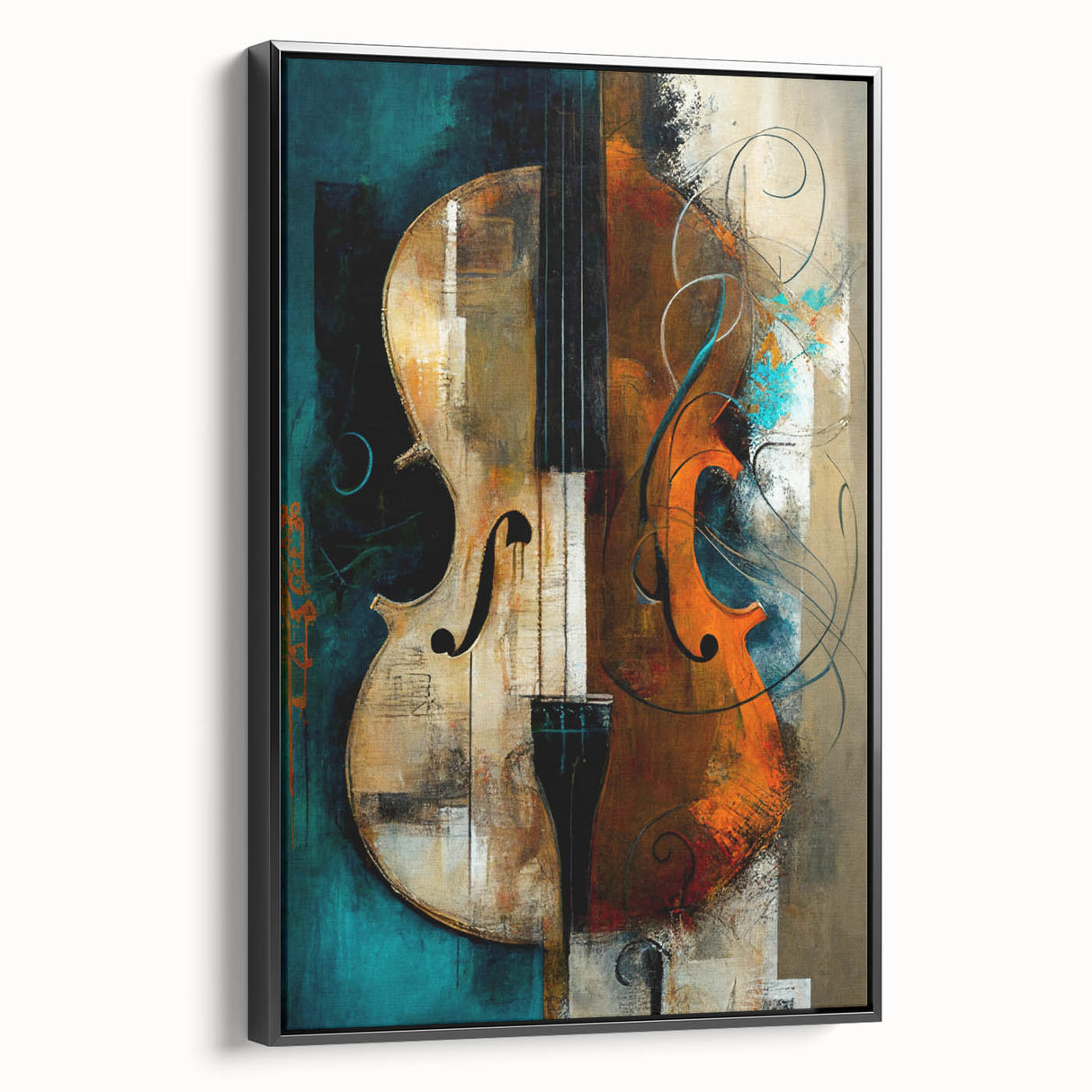 Framed abstract figurative wall art in black, showcasing dynamic shapes and textures, displayed from a side view to emphasize depth and elegance in décor.