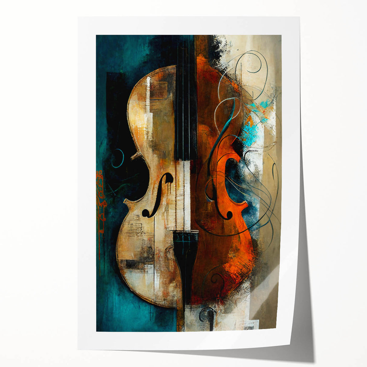 Abstract figurative wall art print showcasing vibrant colors and dynamic shapes, rolled and ready for display, perfect for modern home decor accents.