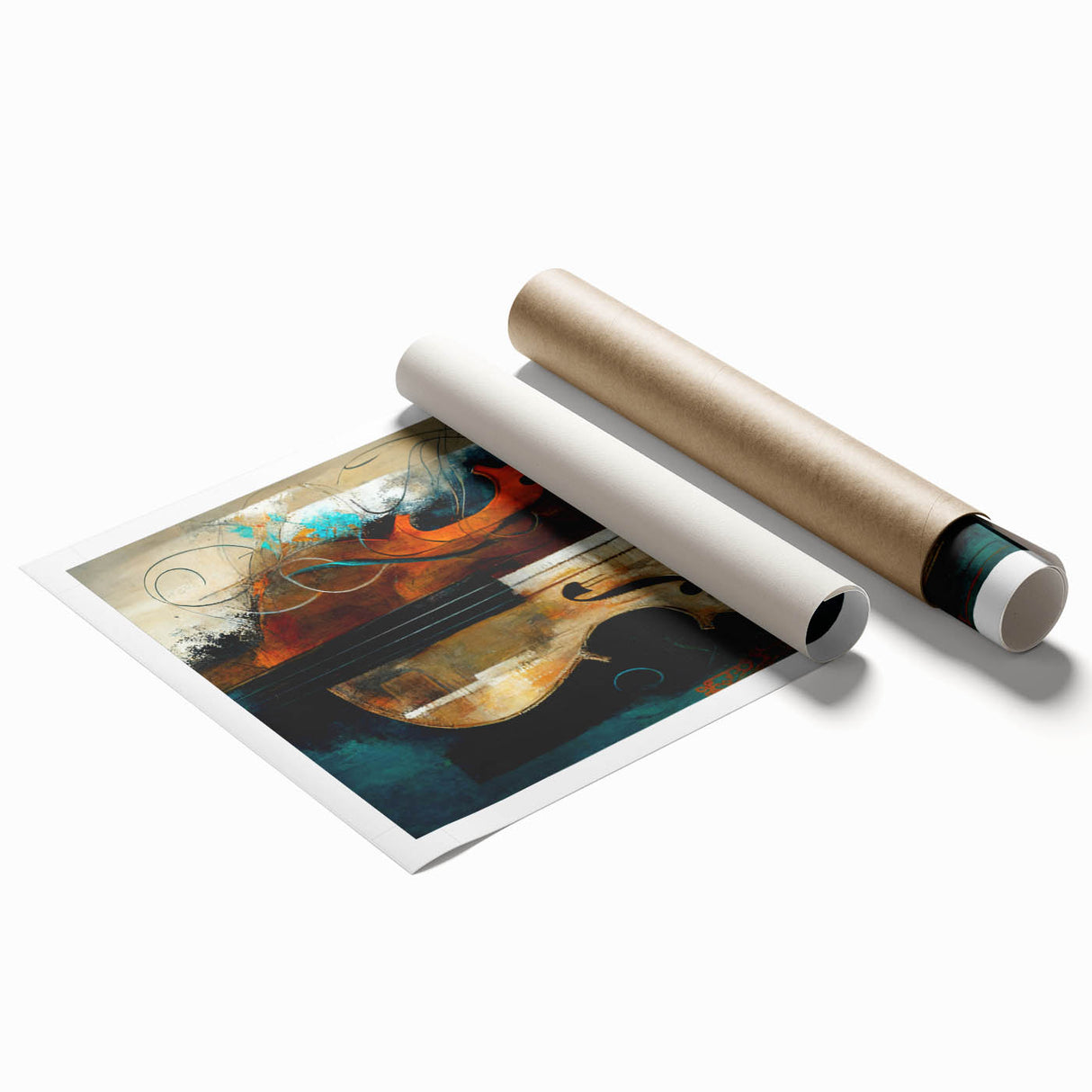 Abstract figurative wall art print showcasing vibrant colors and dynamic shapes, rolled for easy shipping and ready for framing. Perfect for modern home decor.