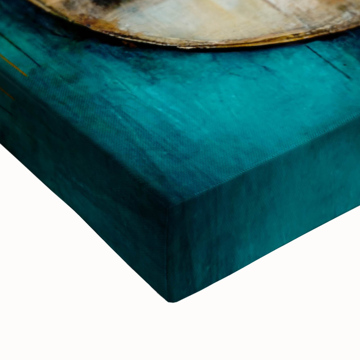 Close-up view of an abstract figurative wall art piece on stretched canvas, showcasing vibrant colors and intricate textures, perfect for modern home decor.