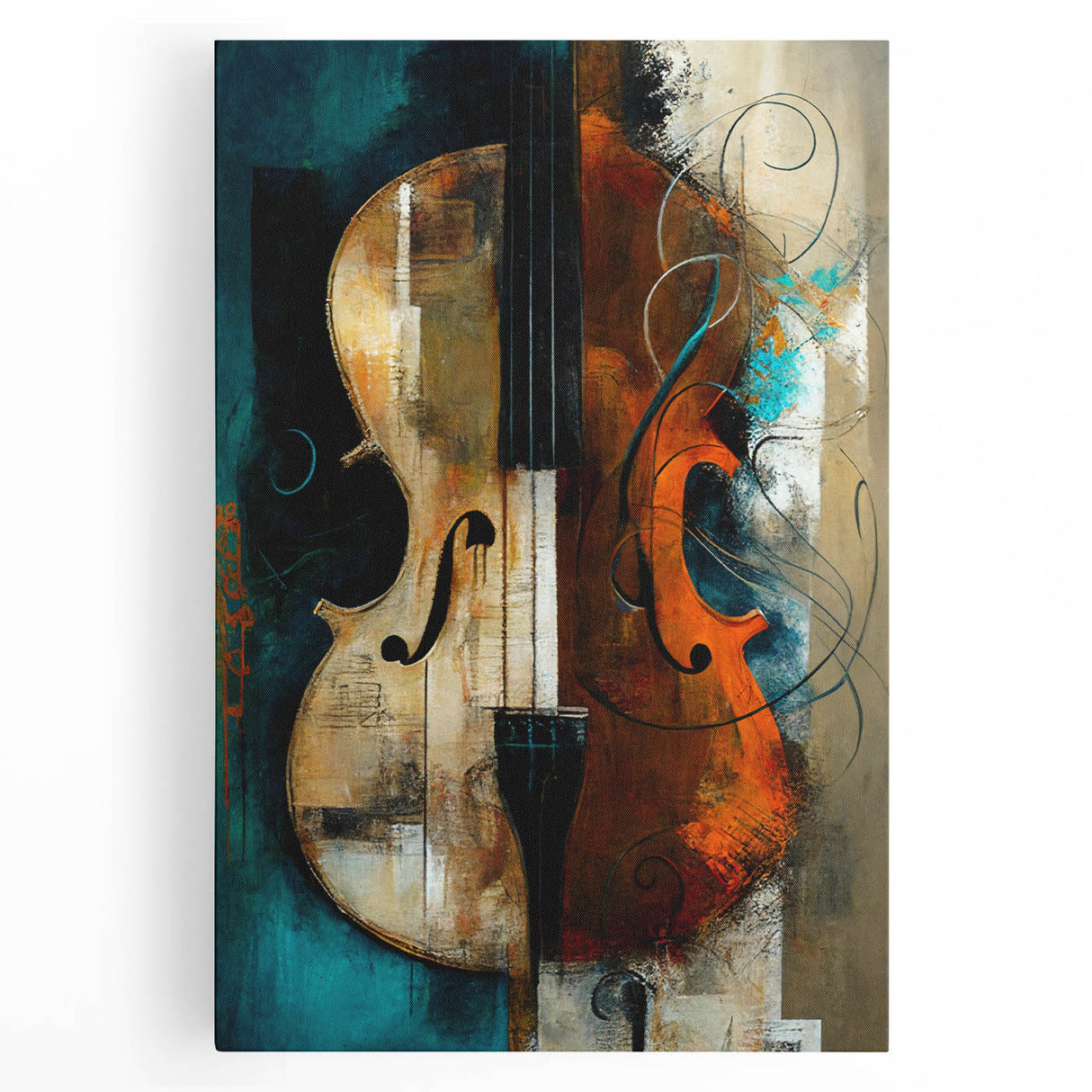 Abstract figurative wall art on stretched canvas showcasing vibrant colors and dynamic shapes, perfect for modern home decor and artistic expression.