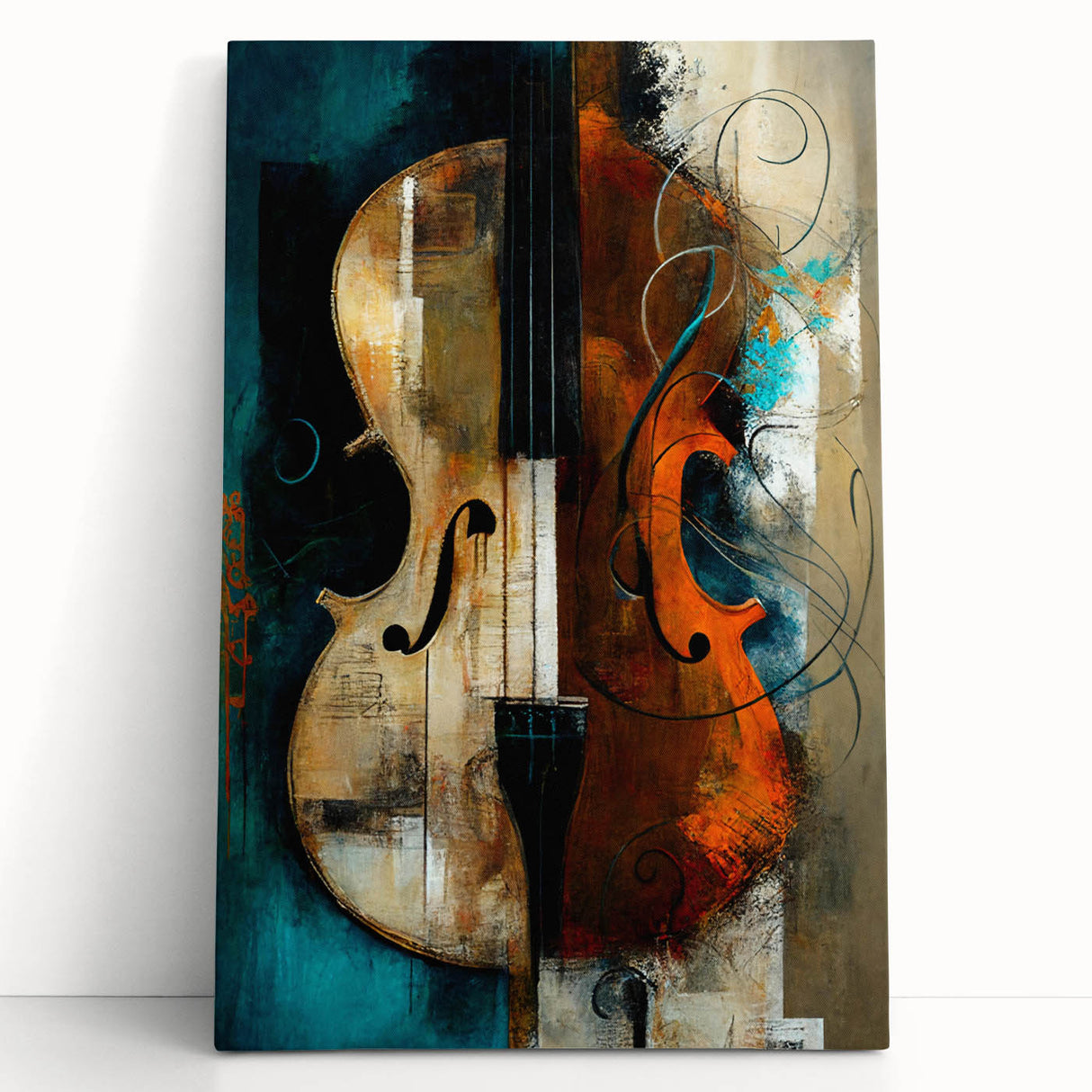 Abstract figurative wall art on stretched canvas showcasing vibrant colors and unique shapes, leaning against a neutral-toned wall, perfect for modern home decor.