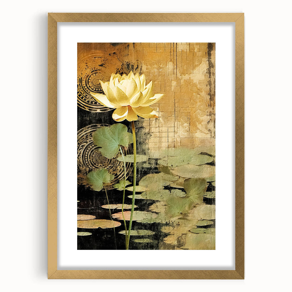 Abstract floral wall art framed in gold, featuring intricate designs and a white mat, ideal for home decor. Perfect addition to modern interiors, showcasing elegance and style.