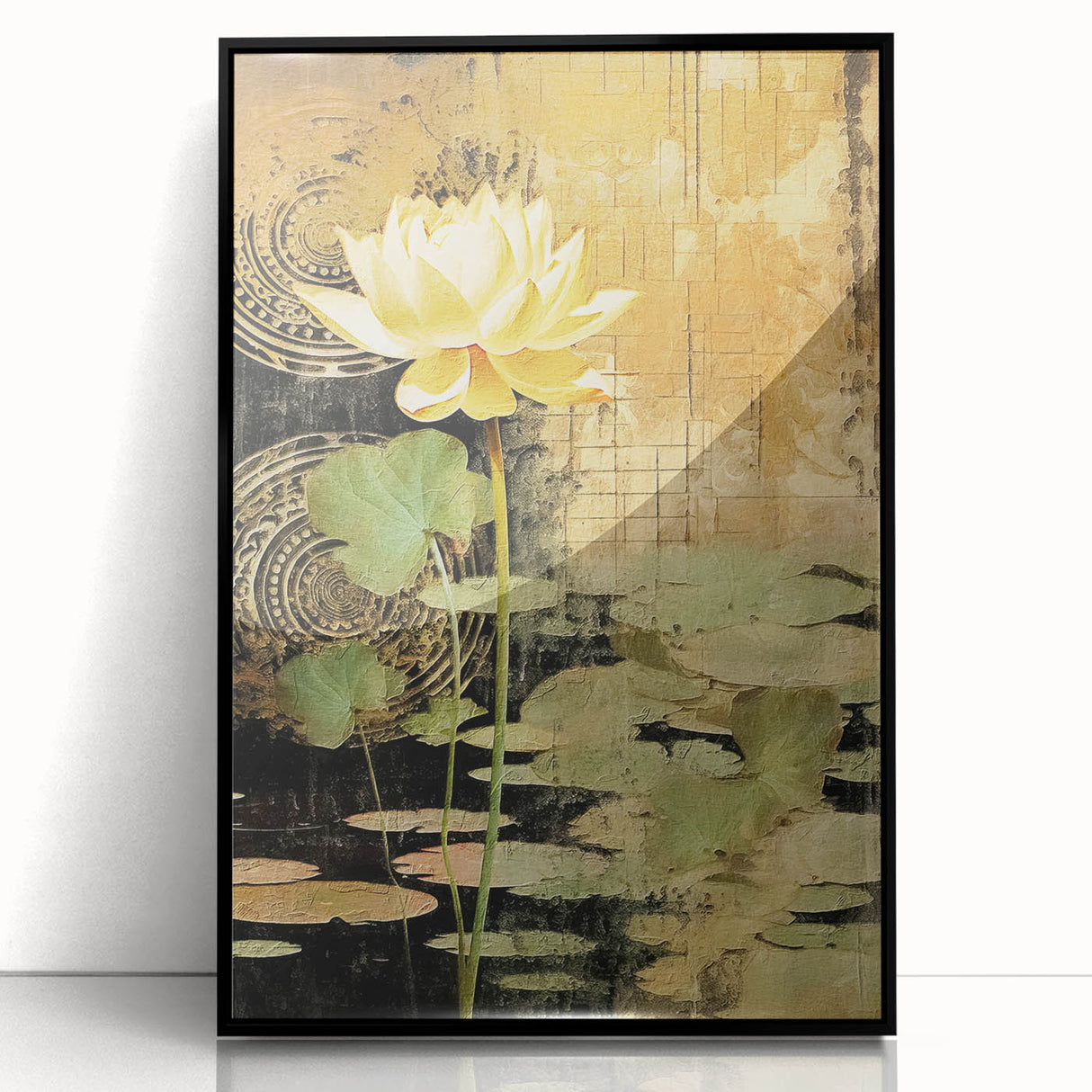 Framed abstract floral wall art featuring vibrant colors and intricate patterns, displayed in a sleek black frame, perfect for enhancing modern home decor.
