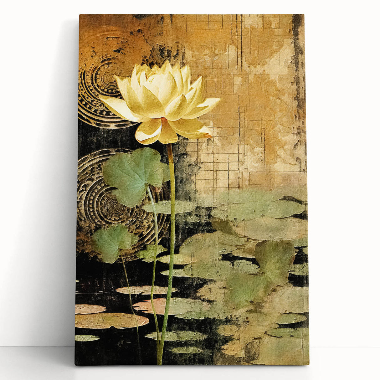Vibrant abstract floral wall art on stretched canvas, showcasing rich colors and intricate designs, elegantly leaning against a neutral wall for a contemporary décor touch.