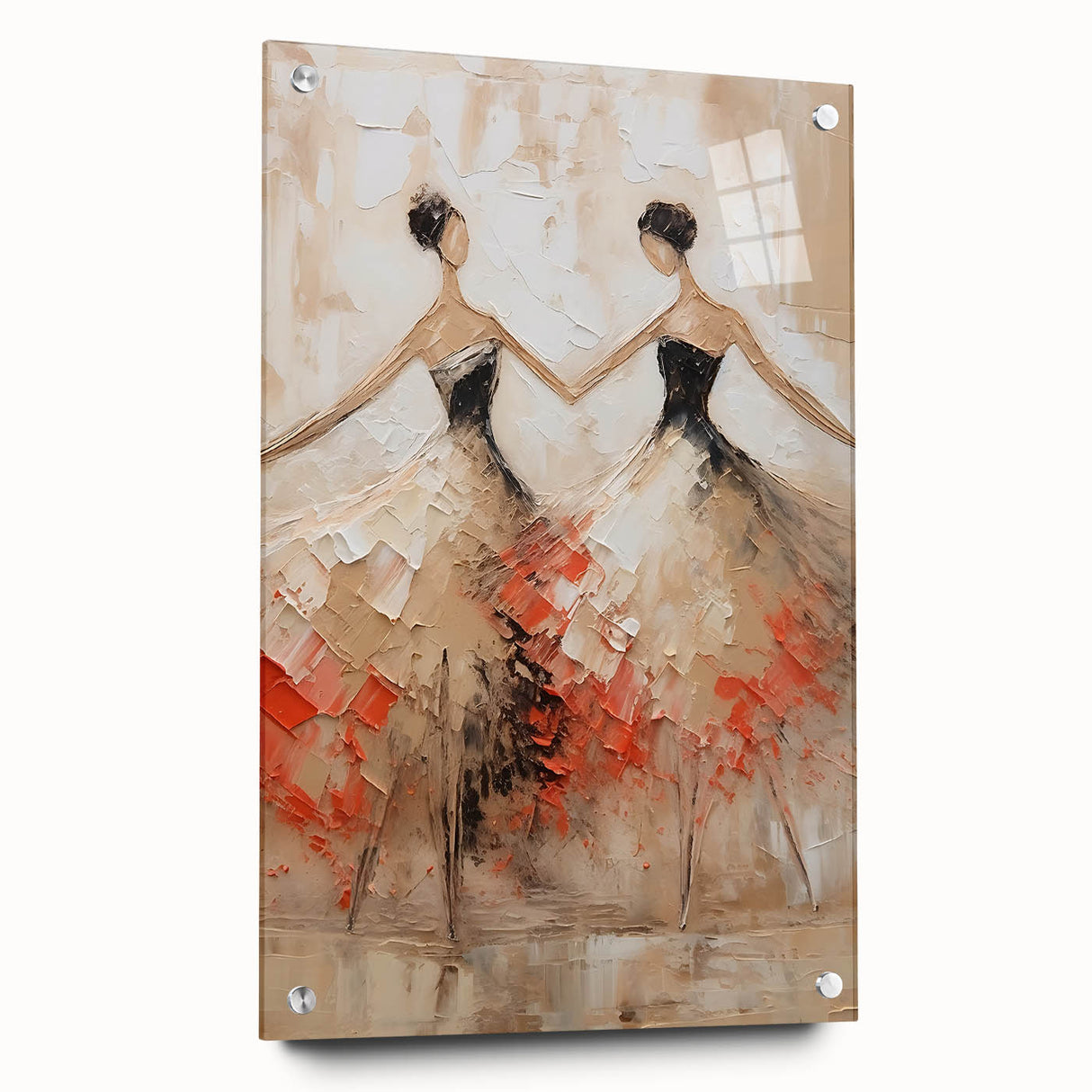 Abstract figurative wall art displayed in a sleek acrylic glass frame, showcasing vibrant colors and intricate designs, viewed from the side with decorative pins.