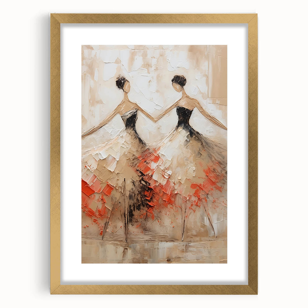 Abstract figurative wall art in a gold frame with a mat, showcasing vibrant colors and dynamic shapes, perfect for modern home decor and artistic interiors.