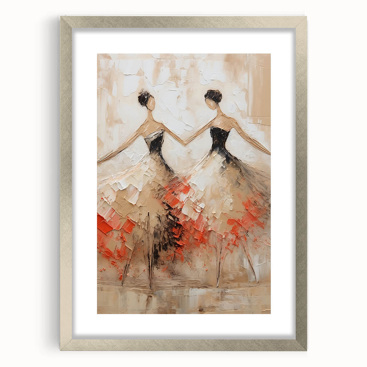 Abstract figurative wall art framed in a sleek silver frame with a white mat, showcasing vibrant colors and modern design, perfect for contemporary home decor.