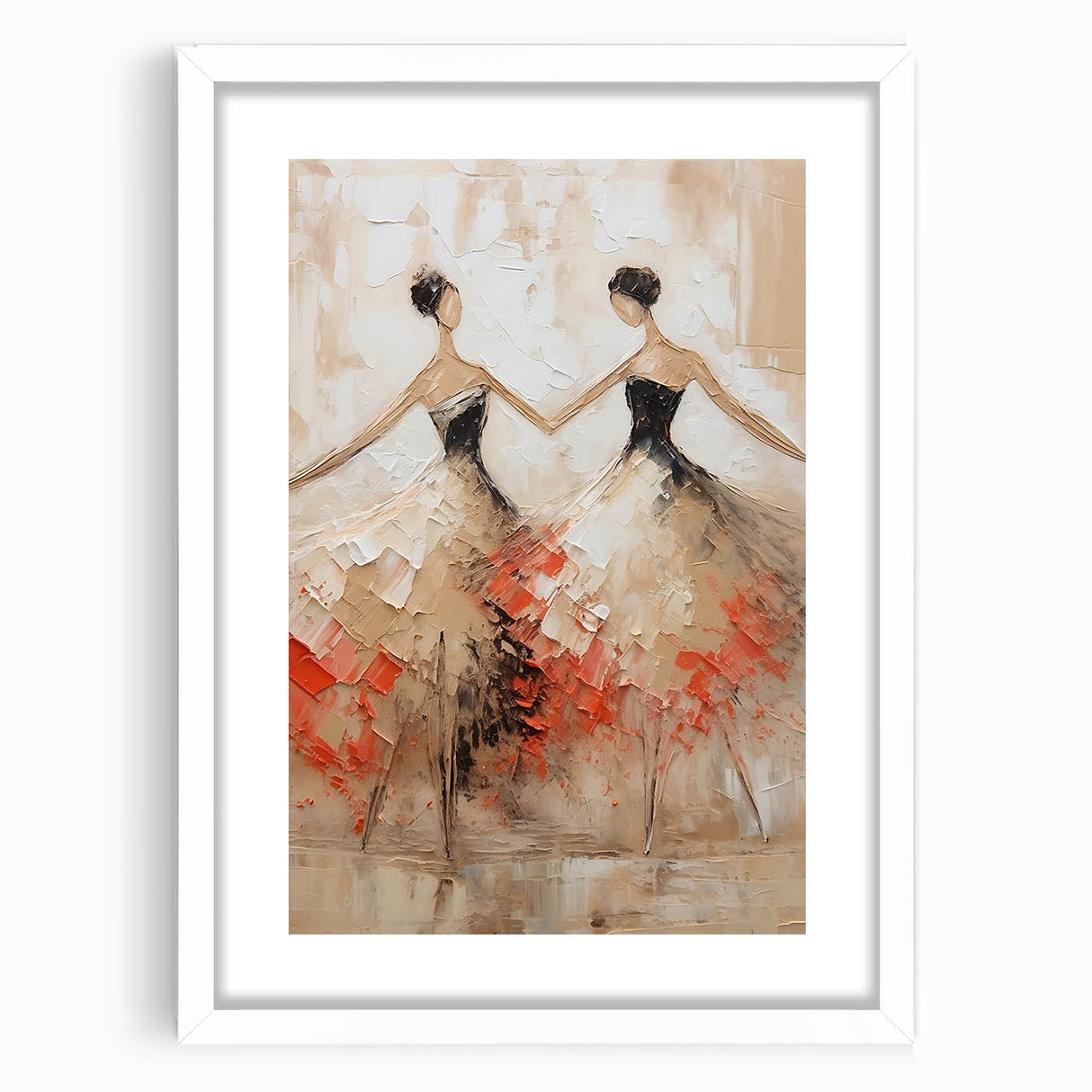 Abstract figurative wall art displayed in a white frame with a mat, showcasing vibrant colors and dynamic shapes, perfect for modern home decor.