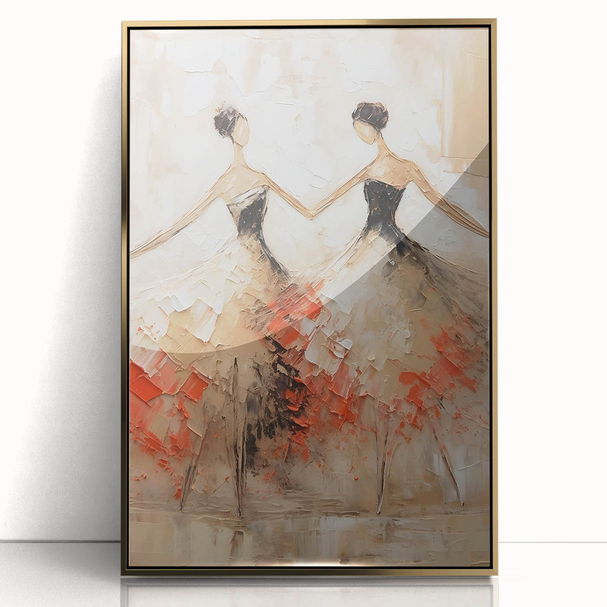 Framed abstract figurative wall art in gold acrylic, showcasing a modern design with soft curves and vibrant colors, perfect for contemporary home decor.