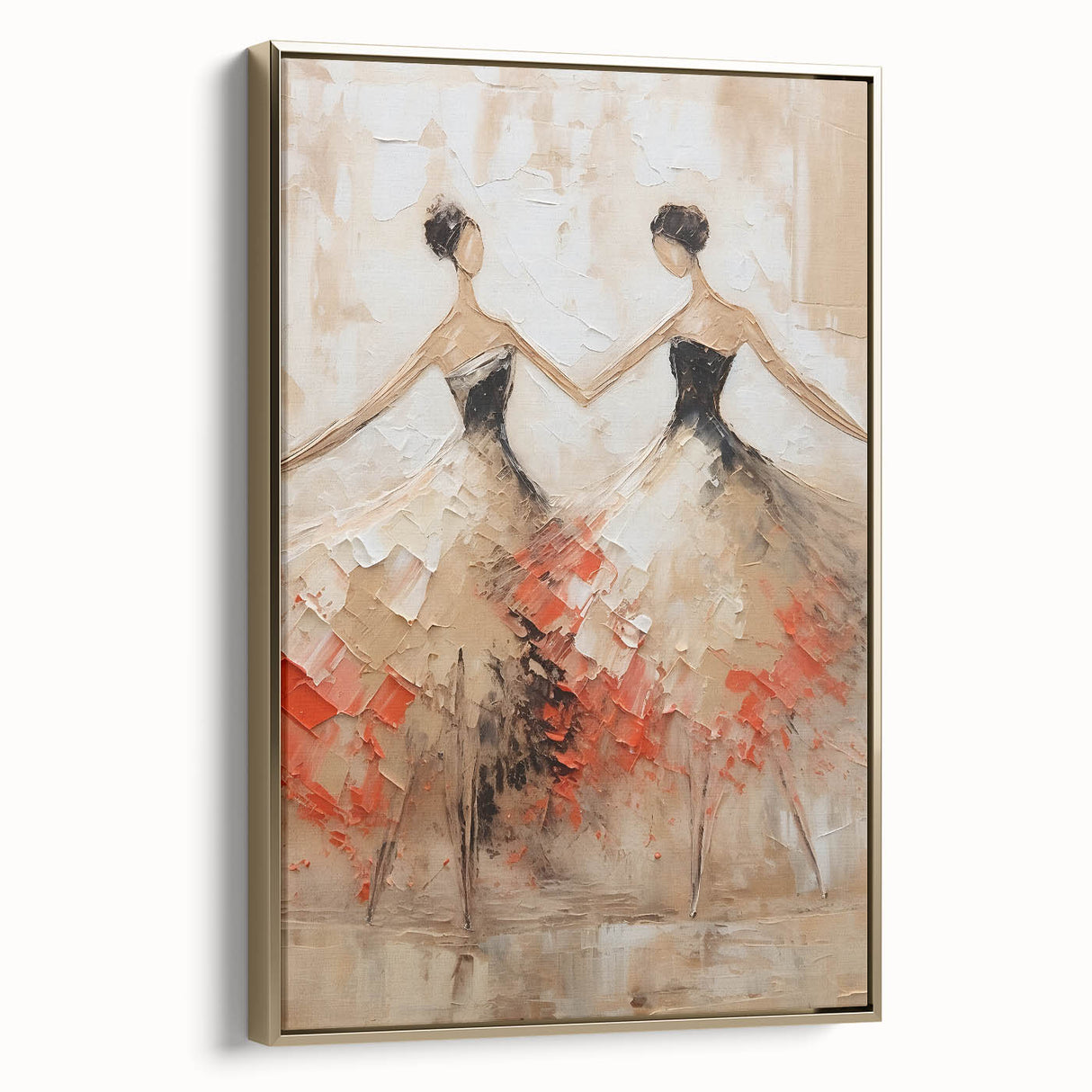 Framed abstract figurative wall art showcasing a gold color palette, displayed in a modern setting with a side view, perfect for contemporary home decor.