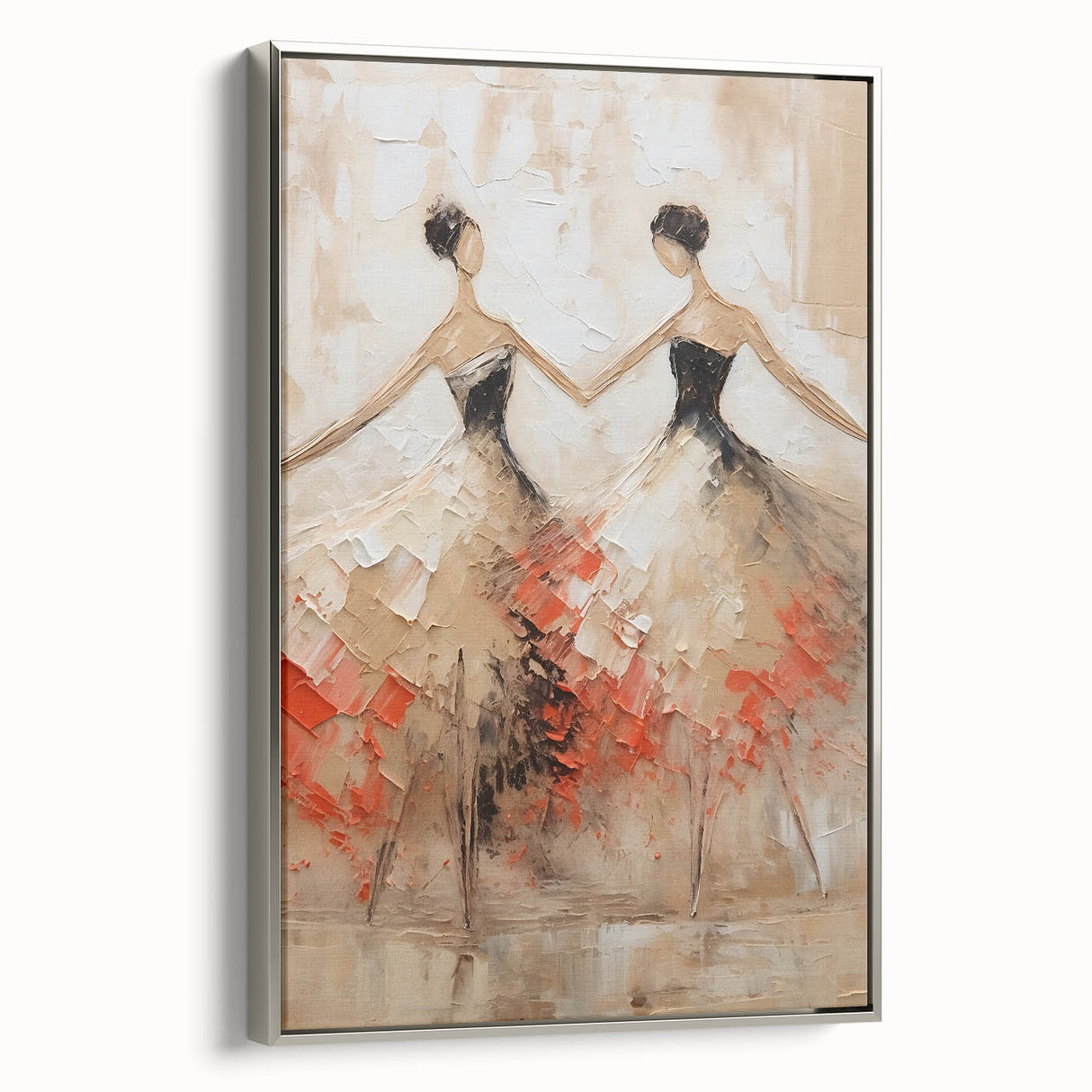 Abstract figurative wall art featuring a silver-framed canvas with vibrant colors and dynamic shapes, perfect for modern home decor. Ideal for enhancing artistic ambiance.