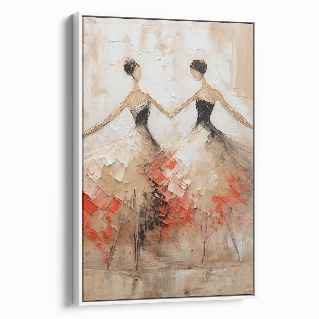 Abstract figurative wall art displayed in a sleek white frame, showcasing vibrant colors and dynamic shapes, suitable for modern home decor.