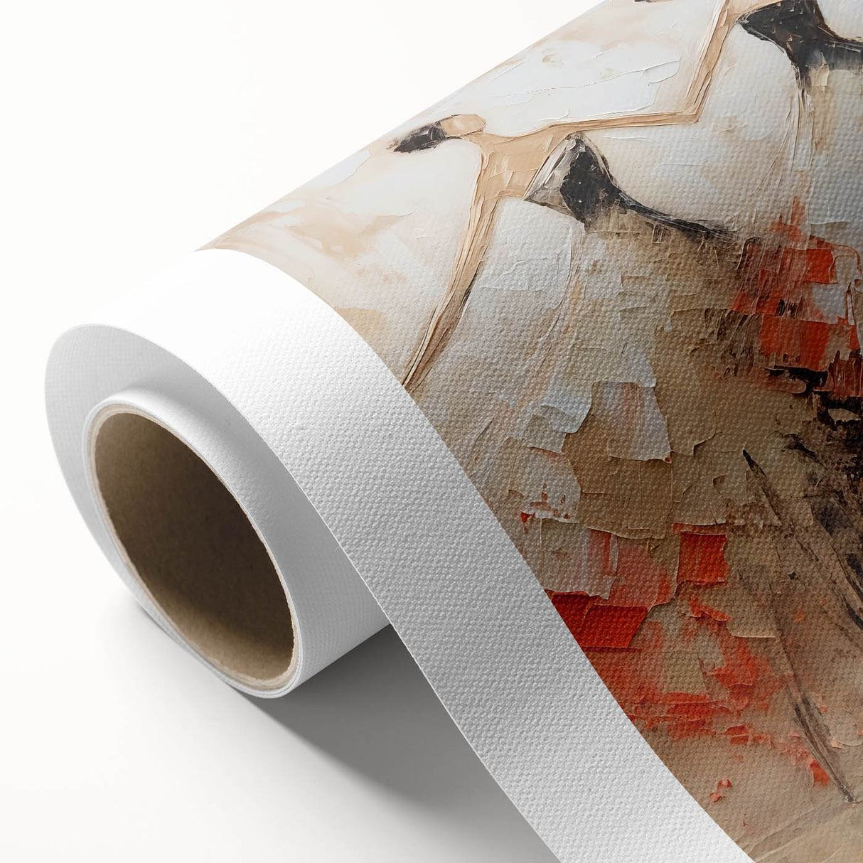 Abstract figurative wall art on rolled canvas showcasing vibrant colors and fluid shapes, ideal for modern decor, presented in protective cardboard packaging.