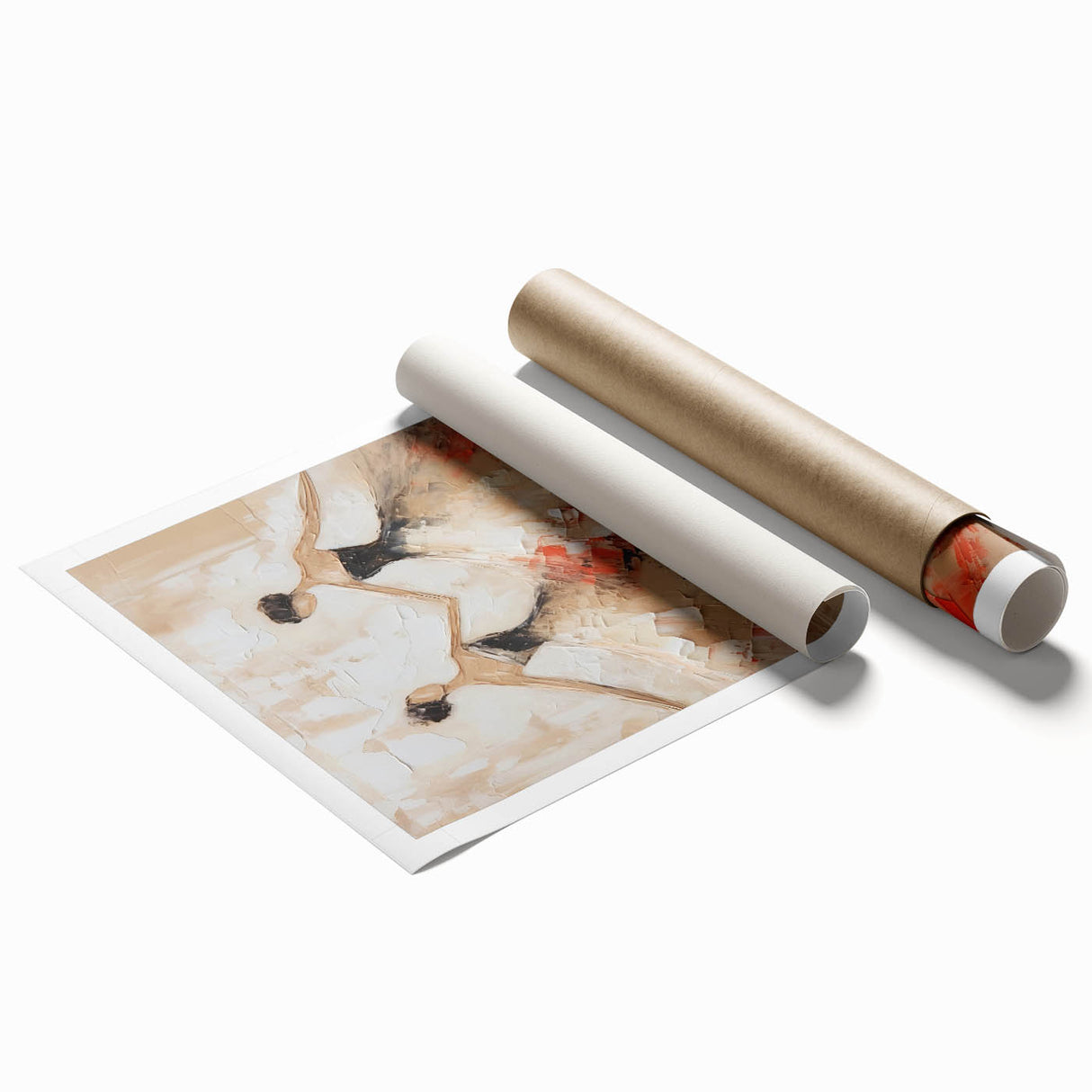 Abstract figurative wall art print featuring vibrant colors and dynamic shapes, rolled and packaged in a protective cardboard tube, ideal for stylish home decor.