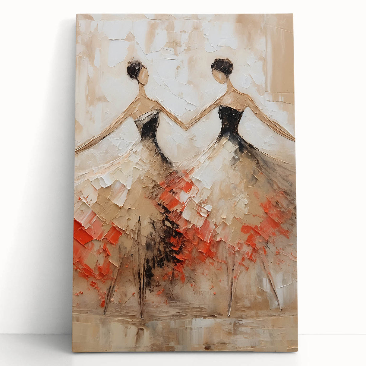 Abstract figurative wall art on stretched canvas, showcasing vibrant colors and dynamic shapes, leaning against a neutral wall, perfect for modern decor.