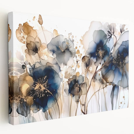 Abstract floral wall art on stretched canvas showcasing vibrant colors and intricate patterns, displayed from a side view, ideal for modern home decor.