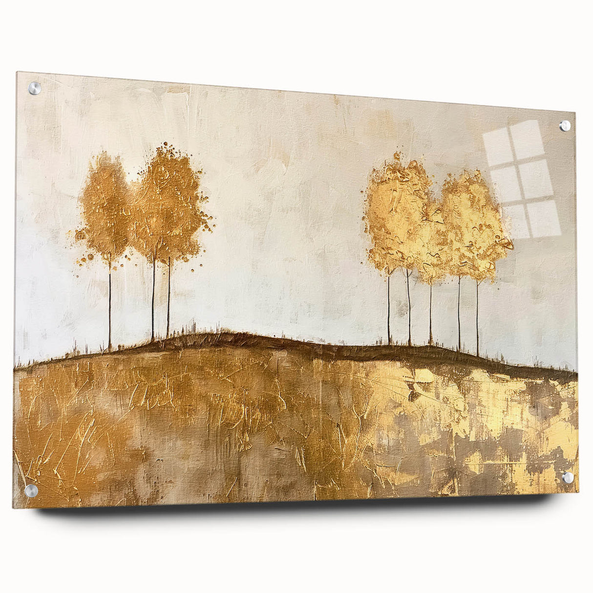 Abstract landscape wall art in acrylic glass, showcasing vibrant colors and unique textures, displayed from a side view with sleek pins for hanging. Ideal for modern home decor.
