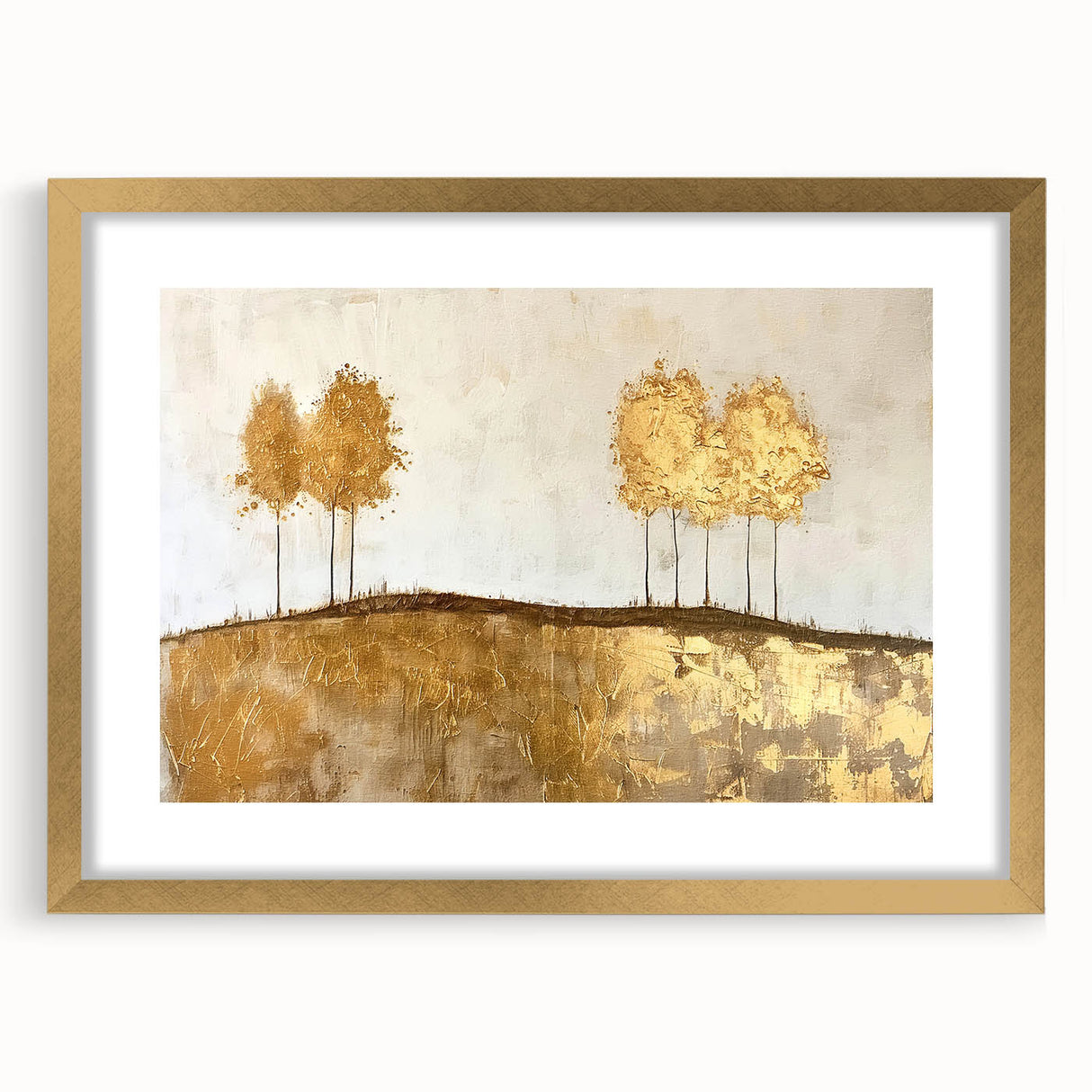 Abstract landscape wall art framed in gold, showcasing vibrant colors and intricate details. Perfect for modern home decor, adding elegance to any room.