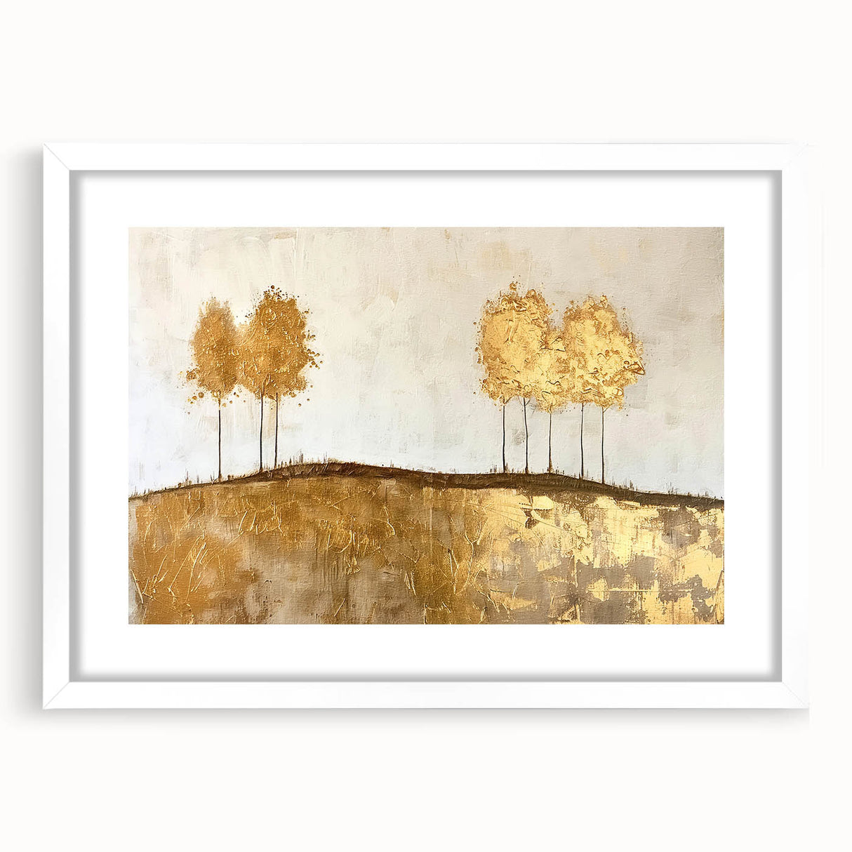 Abstract landscape wall art framed in white with a mat, showcasing vibrant colors and dynamic shapes, perfect for modern home décor or office spaces.