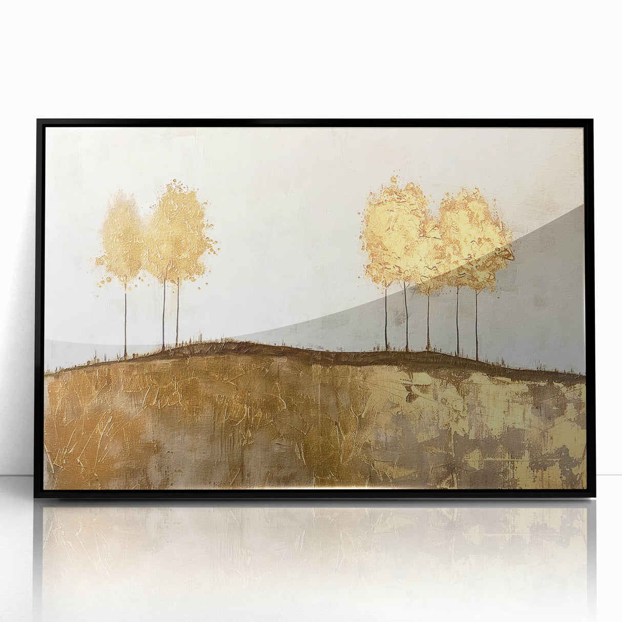Framed abstract landscape wall art in black acrylic, showcasing vibrant colors and dynamic shapes, perfect for modern home decor.