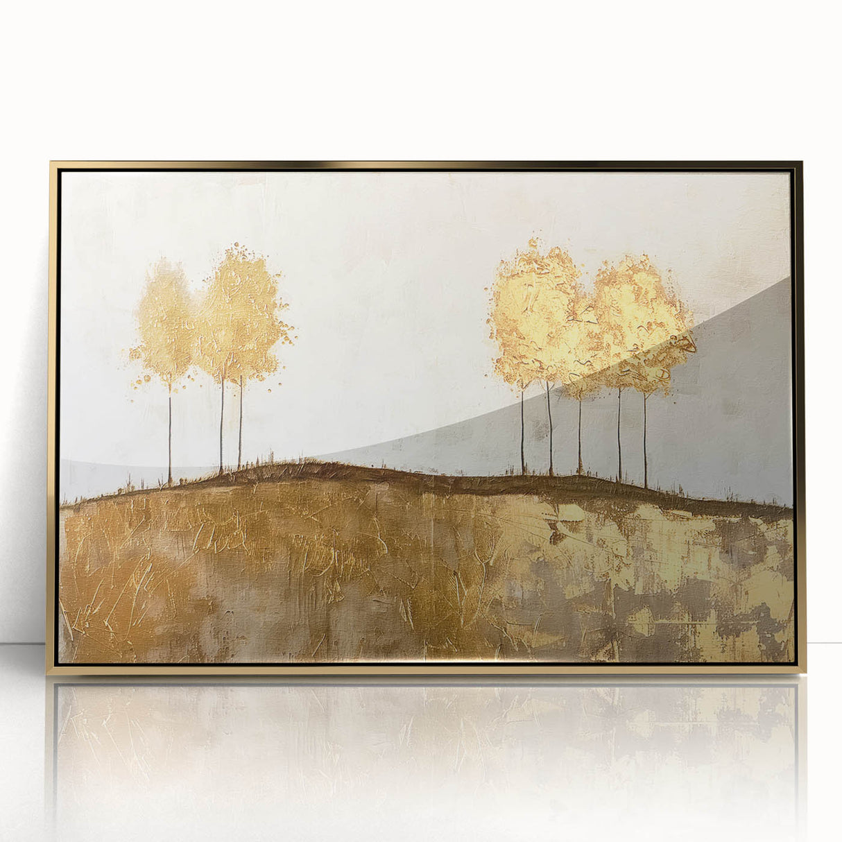 Framed abstract landscape wall art showcasing vibrant gold and earthy tones, perfect for modern home decor, adding elegance to any living space.