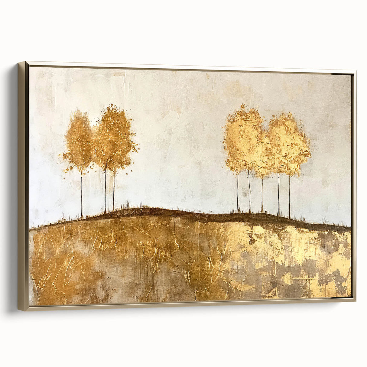Framed canvas artwork showcasing an abstract landscape design with gold accents, viewed from the side, ideal for modern home decor and art enthusiasts.