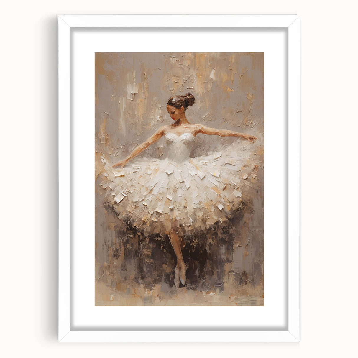 Abstract figurative wall art framed with a white mat, showcasing vibrant colors and dynamic shapes, perfect for modern home decor and artistic expression.