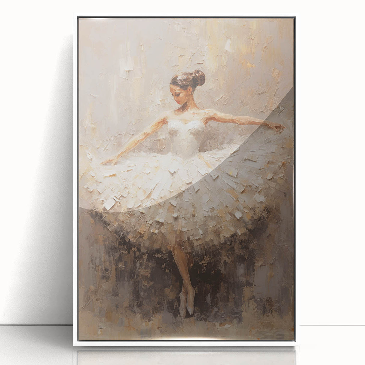 Framed abstract figurative wall art in white acrylic, showcasing vibrant colors and dynamic shapes, perfect for modern home decor and artistic expression.