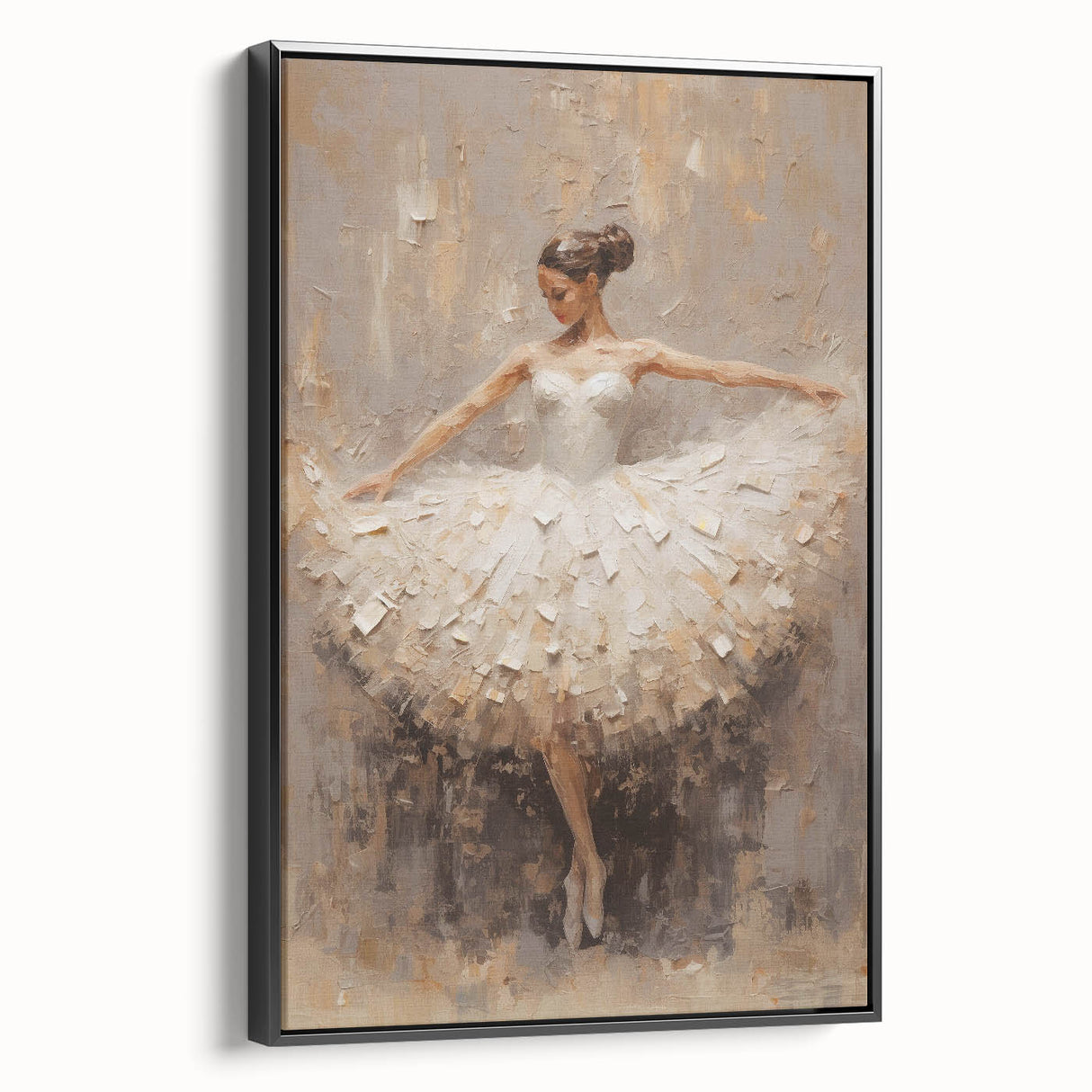 Abstract figurative wall art framed in black, showcasing dynamic shapes and vibrant colors, perfect for modern home decor, viewed from the side.