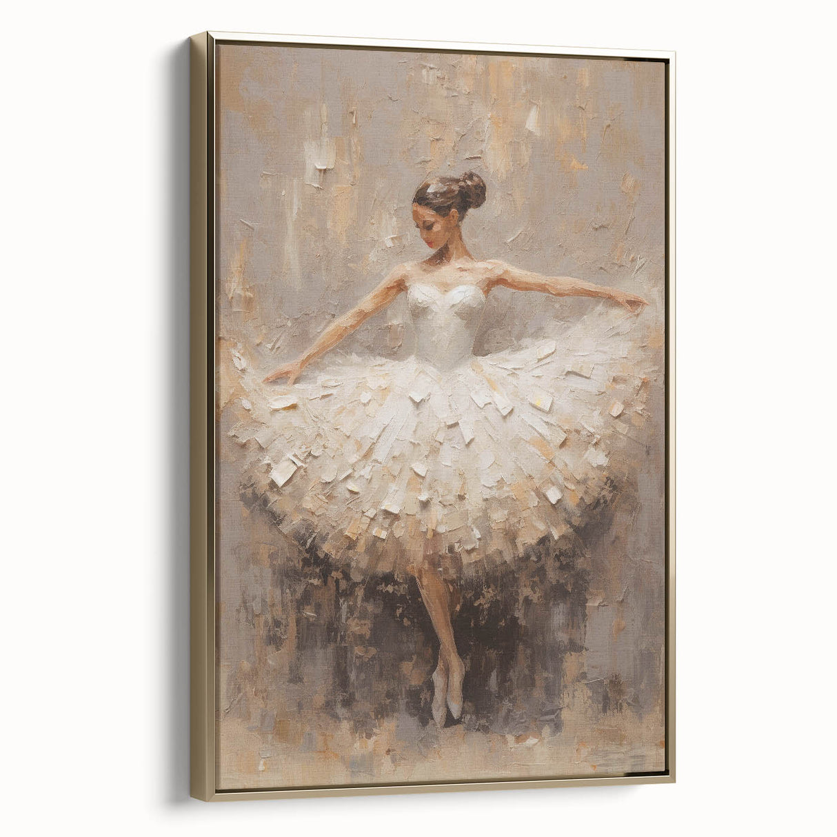 Framed abstract figurative wall art in gold tones, showcasing a modern design. Ideal for contemporary decor, adding elegance to any room setting.