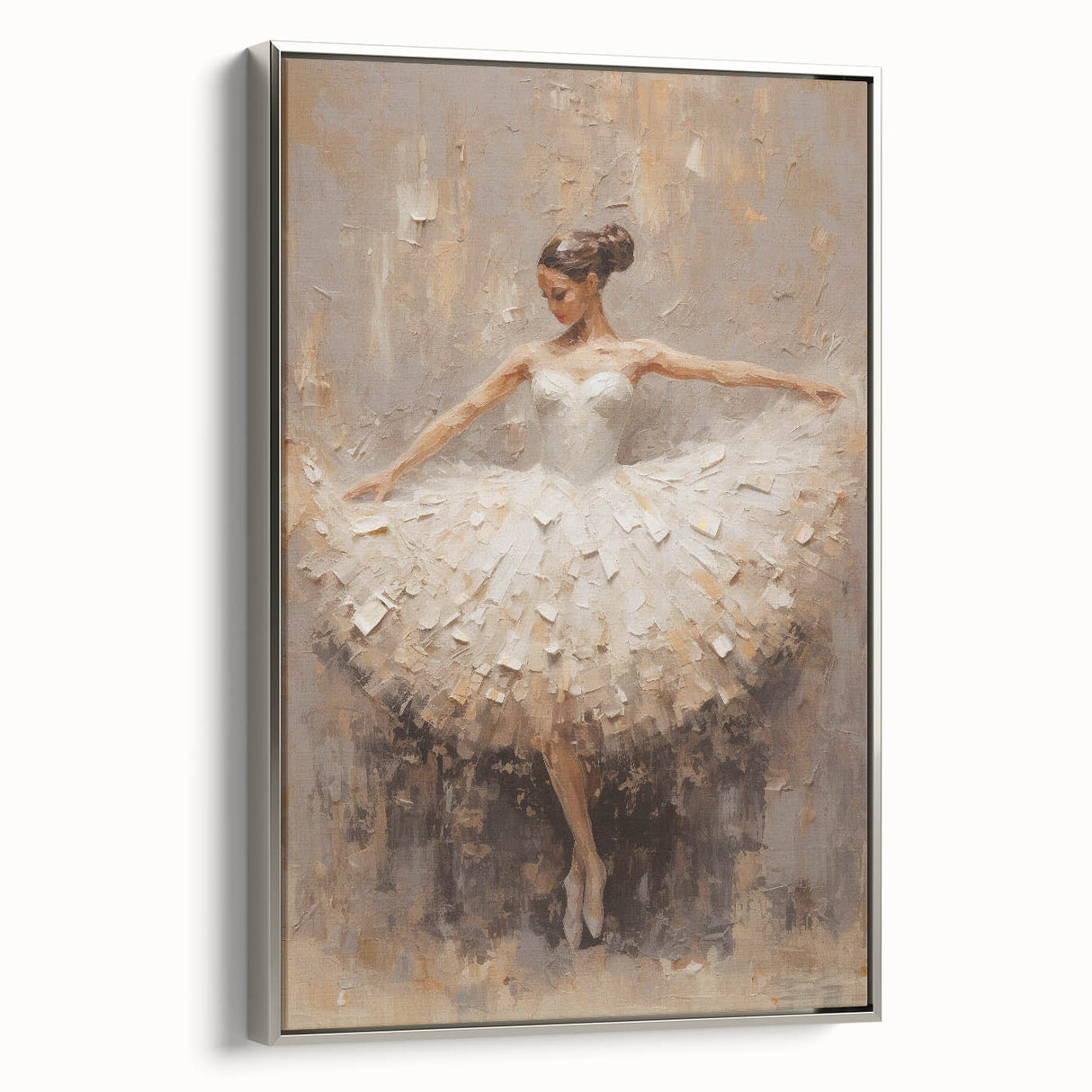 Abstract figurative wall art featuring a silver-framed canvas with vibrant colors and dynamic shapes, perfect for modern home decor and artistic expression.
