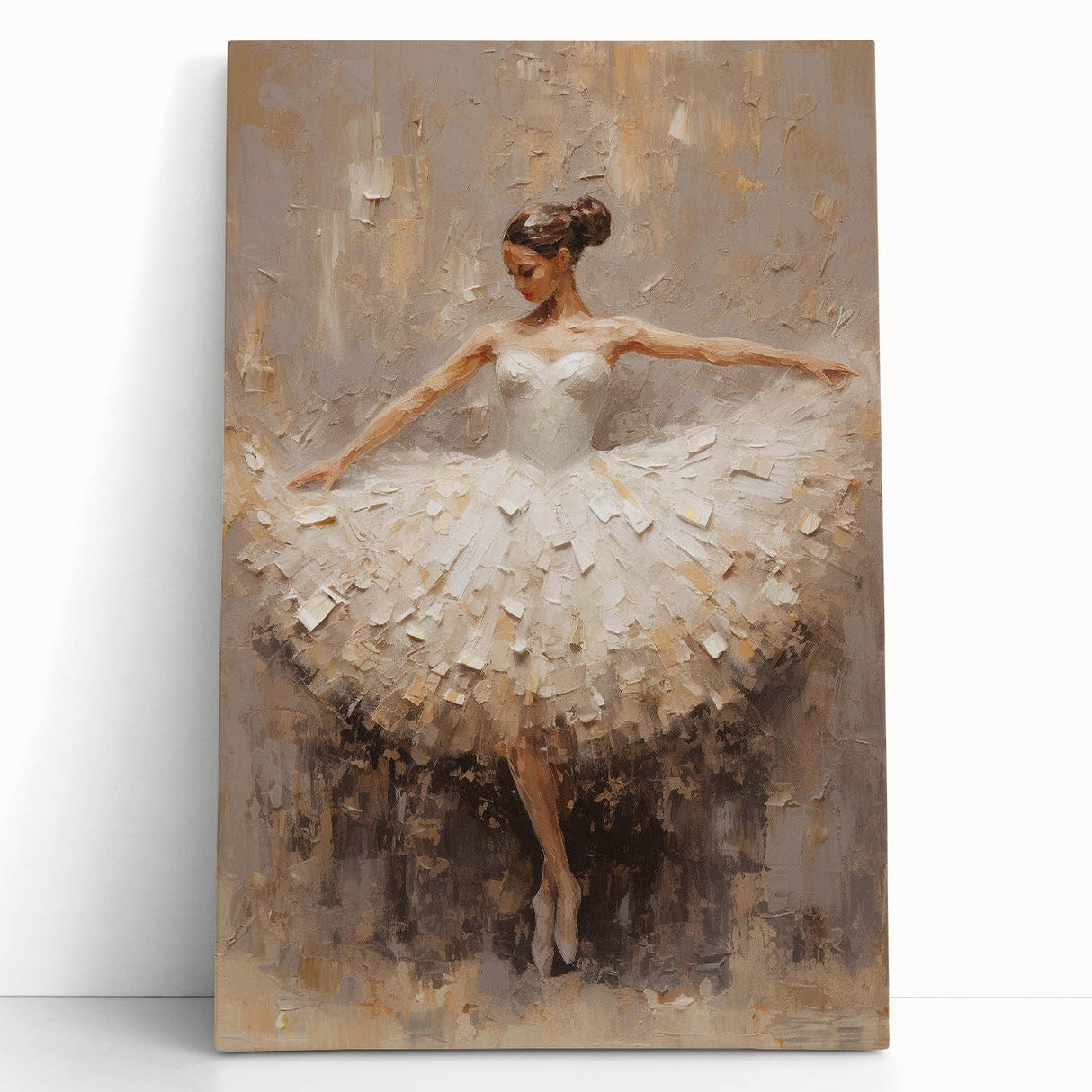 Abstract figurative wall art on stretched canvas, featuring vibrant colors and dynamic shapes, leaning against a wall, perfect for modern home decor.