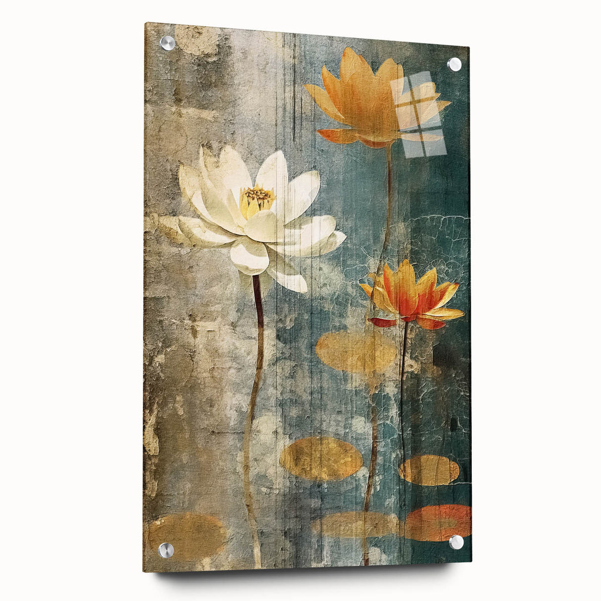 Abstract floral wall art displayed in acrylic glass, showcasing vibrant colors and intricate patterns, secured with decorative pins for a modern aesthetic.