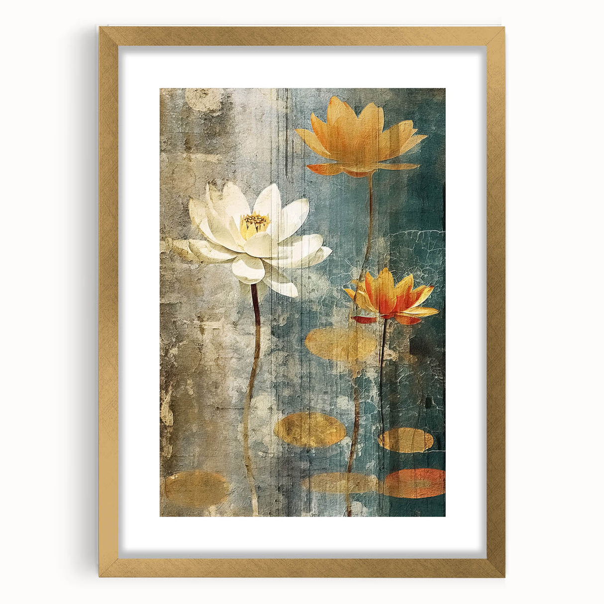 Abstract floral wall art framed in gold, showcasing vibrant colors and intricate designs, ideal for home decor or modern aesthetics, with a mat enhancing its elegance.
