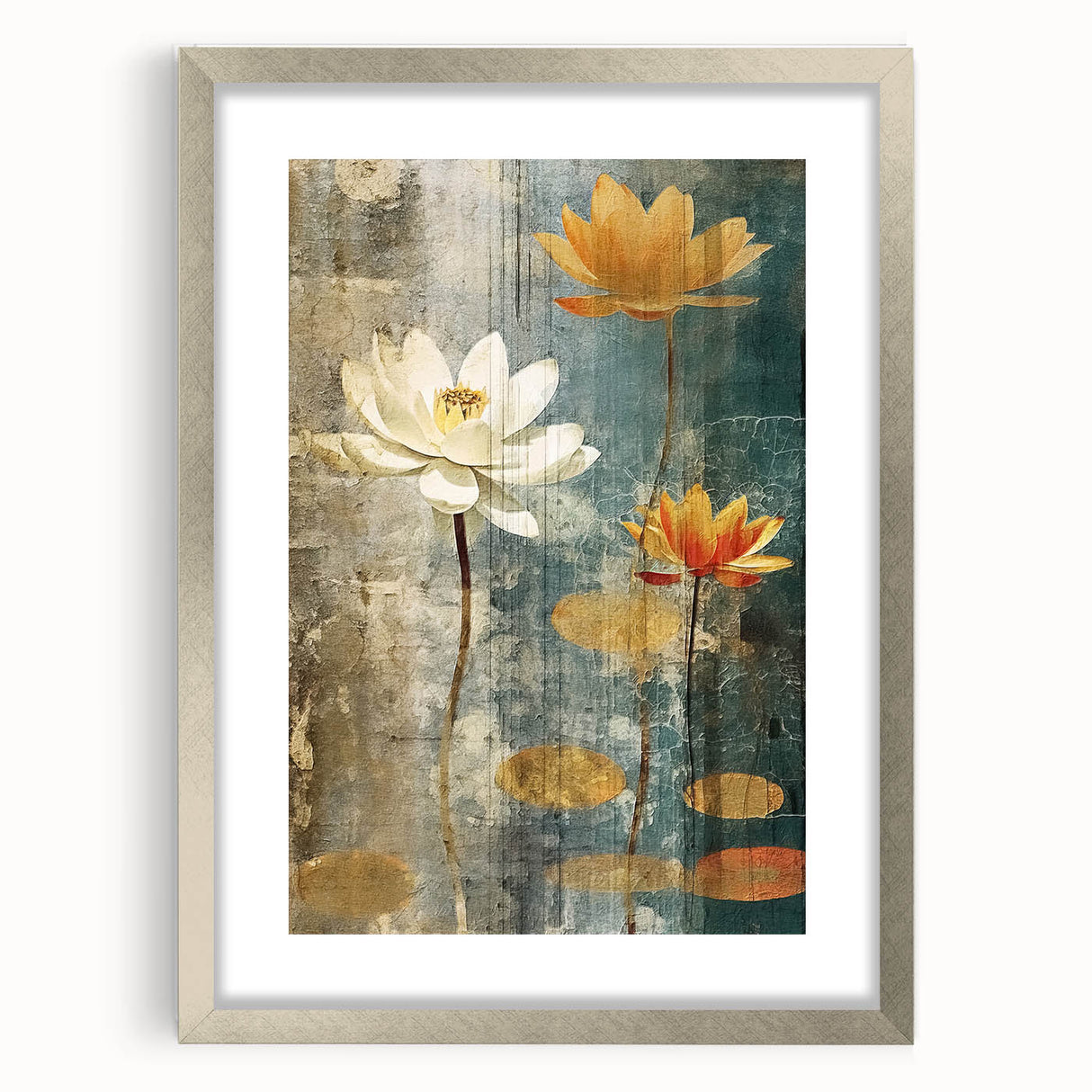 Abstract floral wall art framed in silver with a white mat, showcasing vibrant colors and intricate designs, perfect for modern home decor and artistic accents.