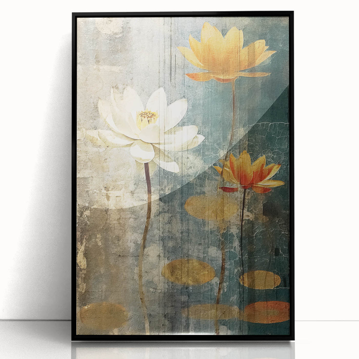 Framed acrylic wall art featuring an abstract floral design with vibrant colors, displayed against a sleek black frame, perfect for modern home decor.