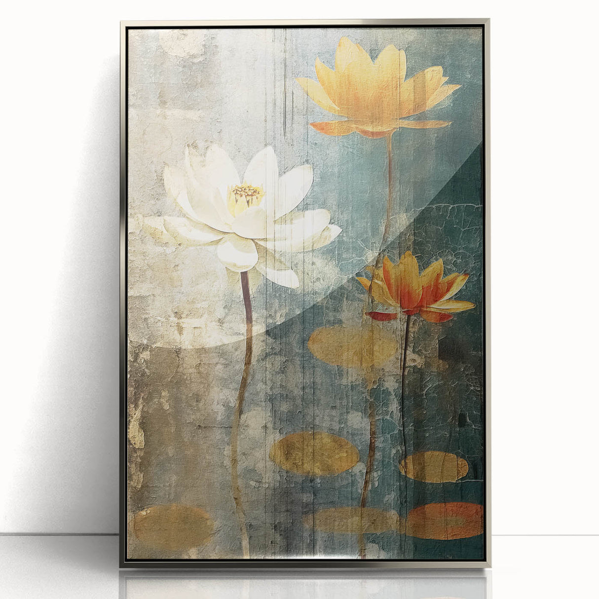 Framed abstract floral wall art in silver acrylic, showcasing vibrant colors and intricate patterns, ideal for enhancing modern home decor.