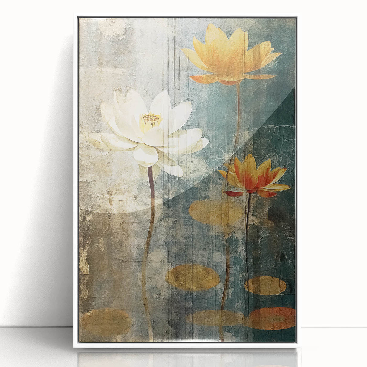 Framed acrylic wall art featuring an abstract floral design with vibrant colors, set against a white background, perfect for modern home decor.