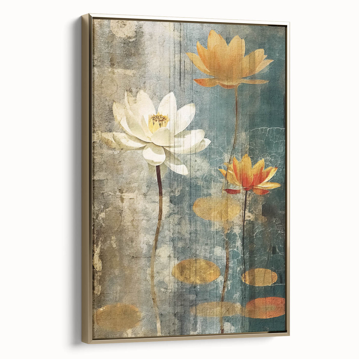 Framed abstract florals wall art on canvas, showcasing rich gold accents and intricate designs, displayed in a stylish setting to enhance home decor.